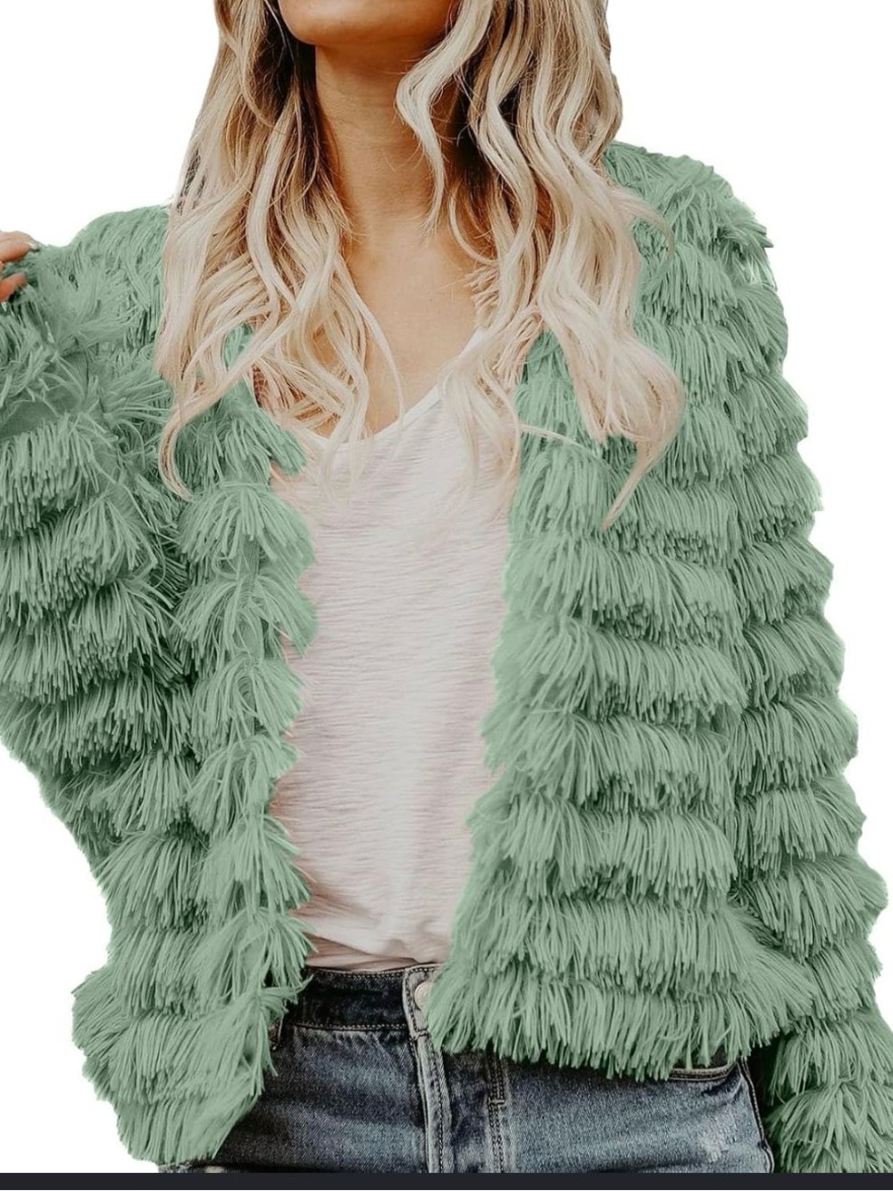 Textured Fringe Teddy Jacket in Sage Green